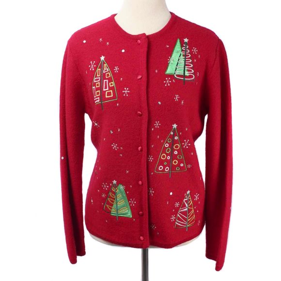 Karen Scott Red Wool Christmas Cardigan Sweater - Picture 1 of 6